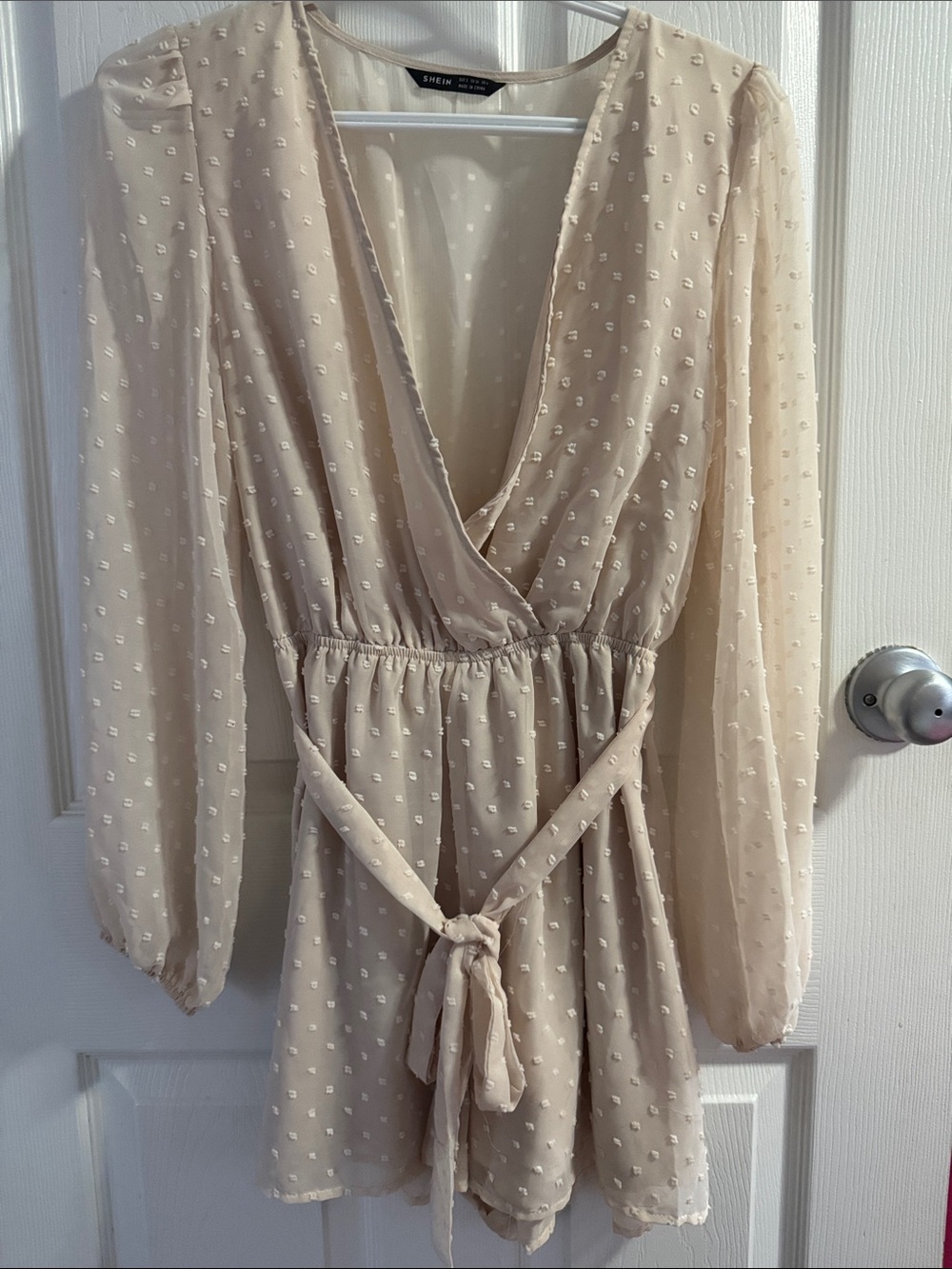 SHEIN Neutral Beige Swiss Dot Wrap Romper with Tie Waist